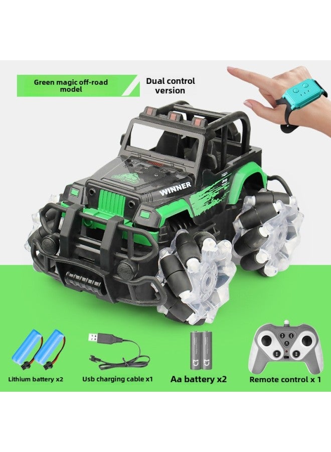 Loquat 2.4G Horizontal Off-road Vehicle Children's Electric Light Gesture Sensing Remote Control Car Rollover Drift Toy Car-Color:Green Devil Cross-country  Double Remote Control (double Lithium) - Image 1