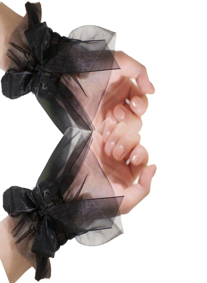 Amazleer Lolita Lace Wrist Cuffs, Bow Hand Sleeves, Elastic Bracelets for Halloween, Wedding, Masquerade (2, Black, Onesize) - Image 1