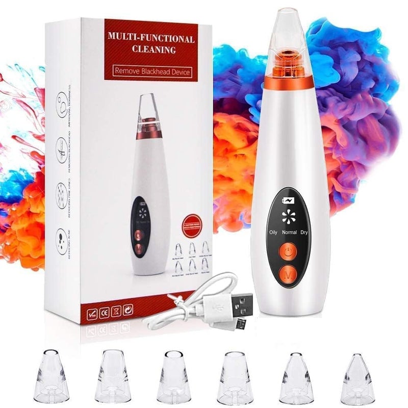KITSSENTIAL 6 in 1 Multifunction Blackhead Remover Tools Electric Derma suction Machine USB Rechargeable Acne Pimple Pore Cleaner Vacuum tool Facial Cleanser Device for Nose Skin Care White 6 in 1 Derma Suction - Image 1