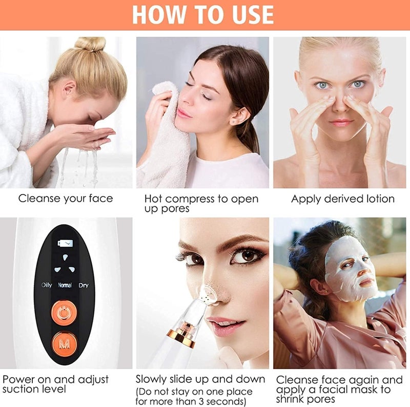 KITSSENTIAL 6 in 1 Multifunction Blackhead Remover Tools Electric Derma suction Machine USB Rechargeable Acne Pimple Pore Cleaner Vacuum tool Facial Cleanser Device for Nose Skin Care White 6 in 1 Derma Suction - Image 2