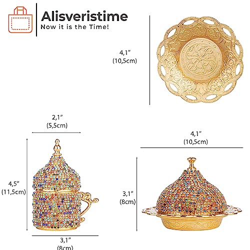 Alisveristime Crystal Embellished Turkish Coffee Set – 27 Pieces – Decorative Zamac Espresso Cups, Saucers and Sugar Bowl with Tray – Available in Three Color Variations (Multi) - Image 3