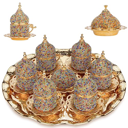 Alisveristime Crystal Embellished Turkish Coffee Set – 27 Pieces – Decorative Zamac Espresso Cups, Saucers and Sugar Bowl with Tray – Available in Three Color Variations (Multi) - Image 1