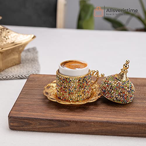 Alisveristime Crystal Embellished Turkish Coffee Set – 27 Pieces – Decorative Zamac Espresso Cups, Saucers and Sugar Bowl with Tray – Available in Three Color Variations (Multi) - Image 4