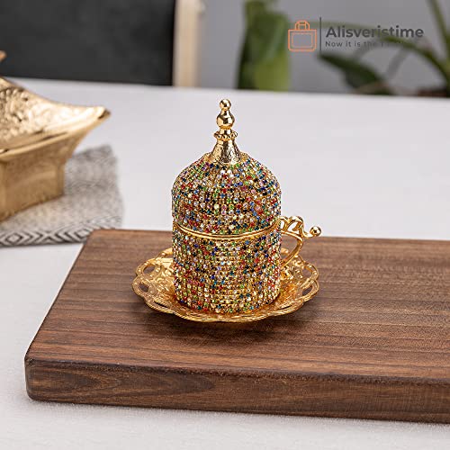 Alisveristime Crystal Embellished Turkish Coffee Set – 27 Pieces – Decorative Zamac Espresso Cups, Saucers and Sugar Bowl with Tray – Available in Three Color Variations (Multi) - Image 5