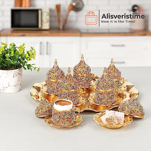 Alisveristime Crystal Embellished Turkish Coffee Set – 27 Pieces – Decorative Zamac Espresso Cups, Saucers and Sugar Bowl with Tray – Available in Three Color Variations (Multi) - Image 2