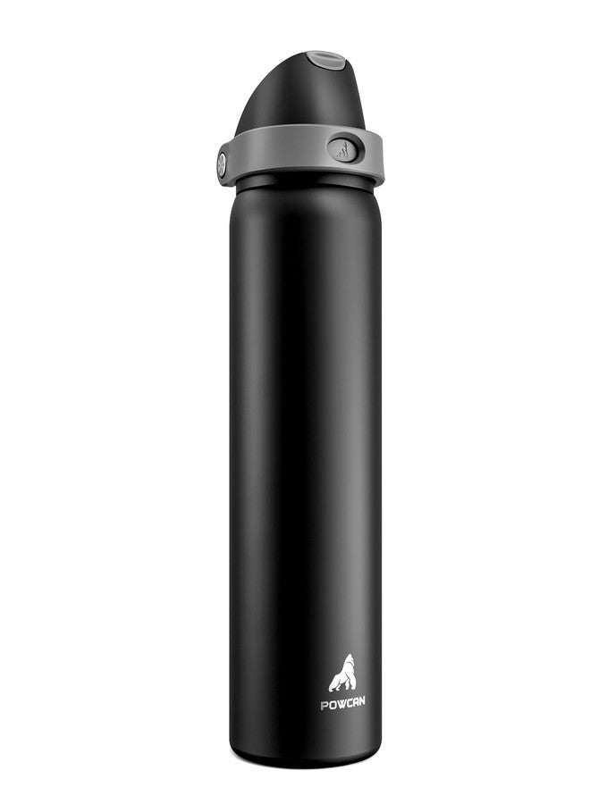 POWCAN 32 oz Stainless Steel Water Bottle for Sports: One-hand Push Button Lid, Leakproof, Keep Cold 24Hrs, Stainless Steel Cup with Straw for Camping, Outdoors, Workout, Travel (Midnight Black) - Image 1