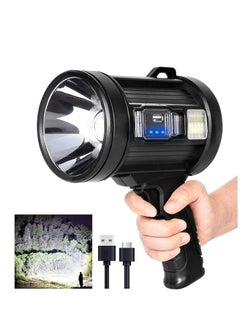 Rechargeable Spotlight, 100000 Lumens Handheld Hunting Flashlight Led Spot Light with Cob Light and Solar Panels, 6 Modes IPX6 Waterproof Bright Spotlight for Boating,Camping,Fishing
