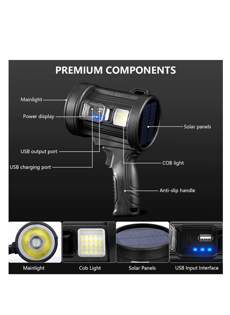 ZLH HITY - Rechargeable Spotlight, 100000 Lumens Handheld Hunting Flashlight Led Spot Light with Cob Light and Solar Panels, 6 Modes IPX6 Waterproof Bright Spotlight for Boating,Camping,Fishing - Image 1