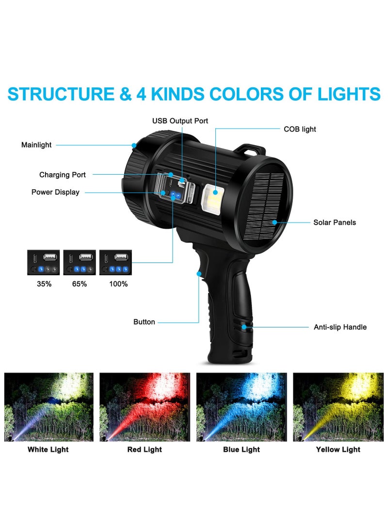 ZLH HITY - Rechargeable Spotlight, 100000 Lumens Handheld Hunting Flashlight Led Spot Light with Cob Light and Solar Panels, 6 Modes IPX6 Waterproof Bright Spotlight for Boating,Camping,Fishing - Image 1