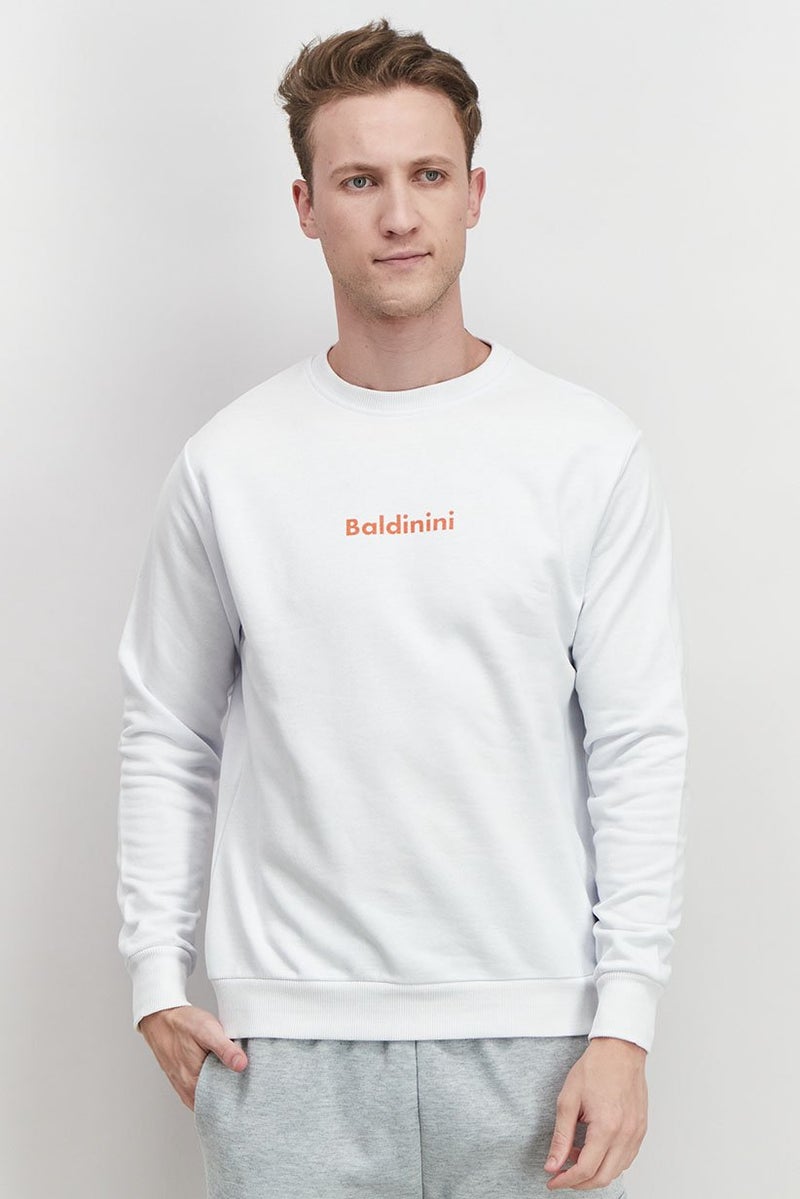 Baldinini Men Crew Neck Brand Logo Long Sleeves Sweatshirt, White and Orange - Image 1