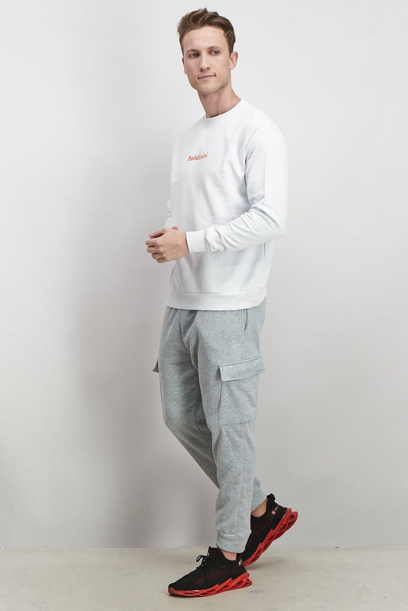 Baldinini Men Crew Neck Brand Logo Long Sleeves Sweatshirt, White and Orange - Image 3