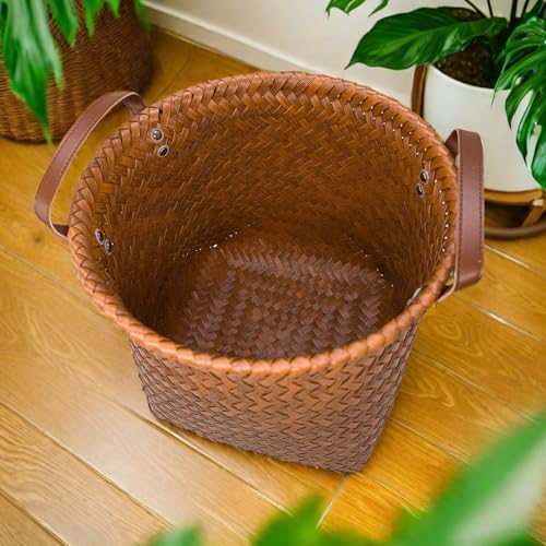 GIB cleaningtool GIB Wicker Storage Baskets for Shelves, 11"x12" Round Woven Storage Cube Bins Organizer, Faux Rattan Wicker Blanket Basket for Organizing Clothes Toys Laundry Closet, 4 Pack, Brown - Image 5