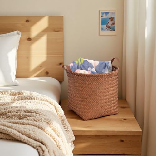 GIB cleaningtool GIB Wicker Storage Baskets for Shelves, 11"x12" Round Woven Storage Cube Bins Organizer, Faux Rattan Wicker Blanket Basket for Organizing Clothes Toys Laundry Closet, 4 Pack, Brown - Image 4