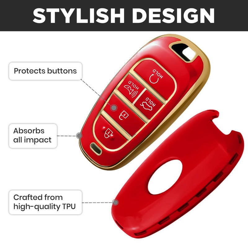 Lucrum Compatible with Hyundai Key Fob Cover & Leather Keychain, Keyfob Case for Santa Fe, Sonata, Tucson, Grandeur, Ioniq 5, Palisade, Nexo - For 5 Button Remote (2019-2025) - Red and Gold - Image 5