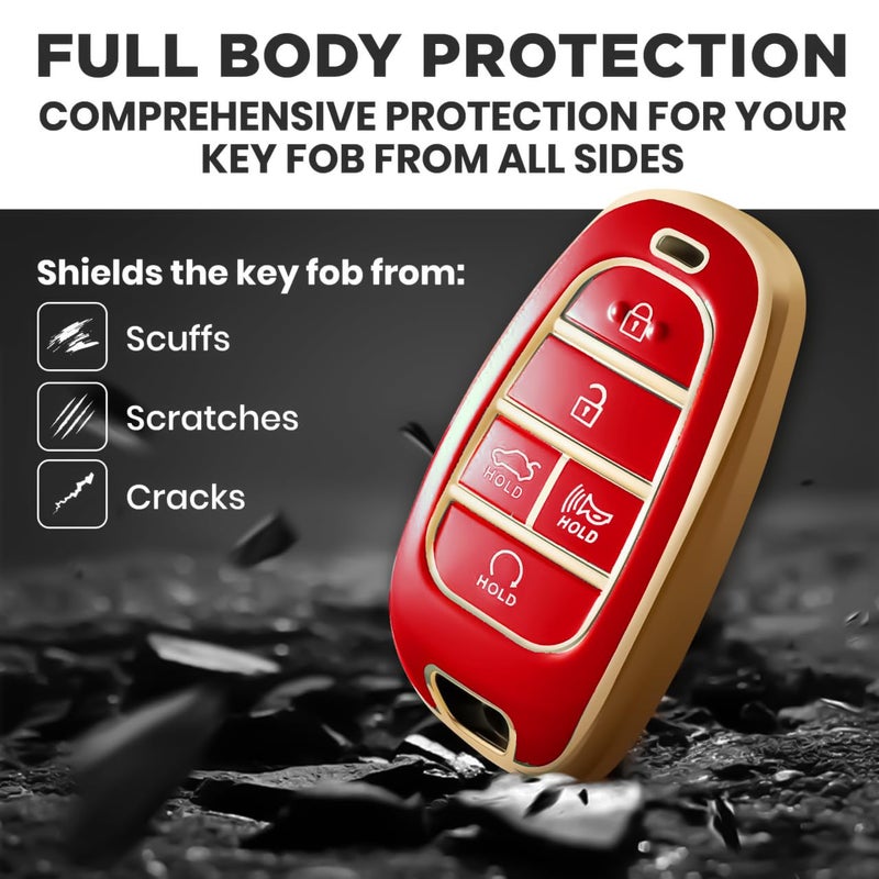 Lucrum Compatible with Hyundai Key Fob Cover & Leather Keychain, Keyfob Case for Santa Fe, Sonata, Tucson, Grandeur, Ioniq 5, Palisade, Nexo - For 5 Button Remote (2019-2025) - Red and Gold - Image 3