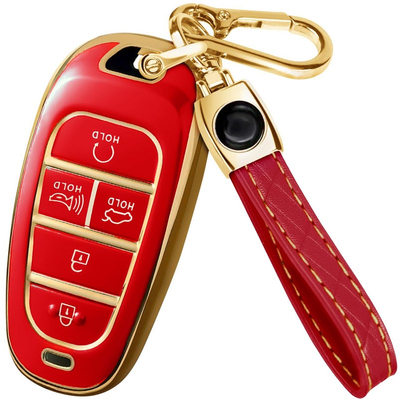 Lucrum Compatible with Hyundai Key Fob Cover & Leather Keychain, Keyfob Case for Santa Fe, Sonata, Tucson, Grandeur, Ioniq 5, Palisade, Nexo - For 5 Button Remote (2019-2025) - Red and Gold - Image 1