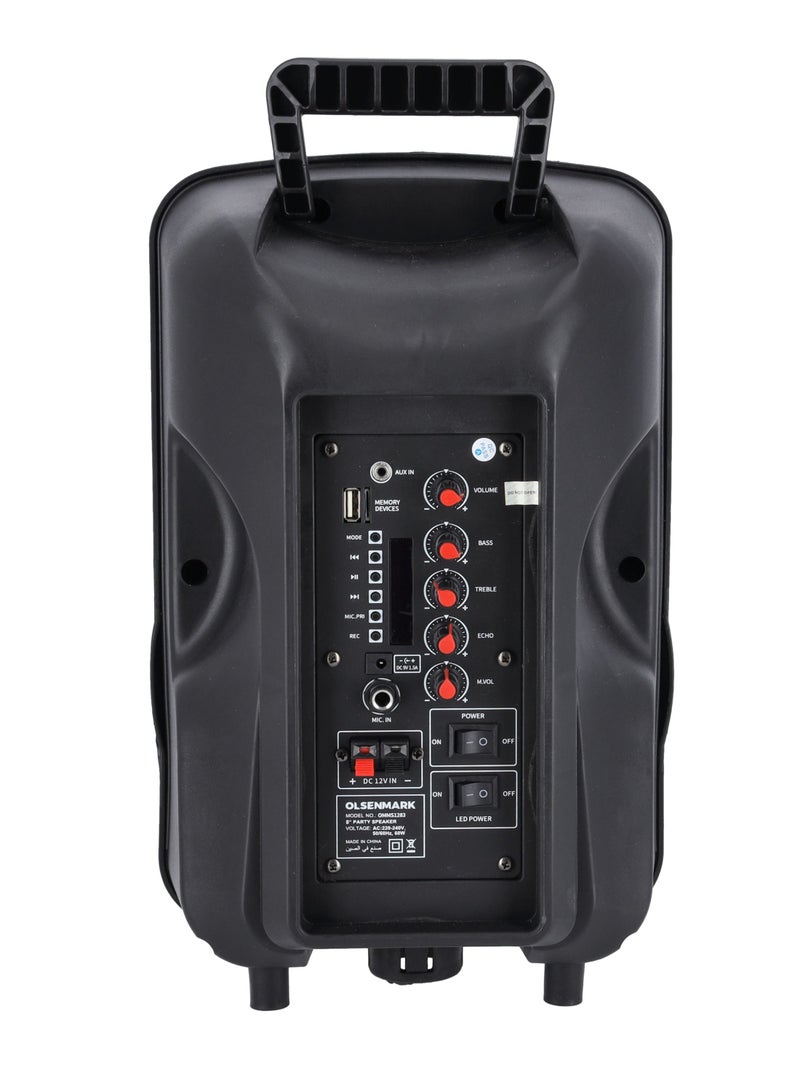 Olsenmark مكبر صوت للحفلات قابل لإعادة الشحن، 8 بوصات، OMMS1283 | 8000 وات PMPO | بطارية 7.4 فولت 1800 مللي أمبير في الساعة | USB/TF/FM/BT/ريموت كنترول/شاشة LED/AUX In/MIC - Image 5