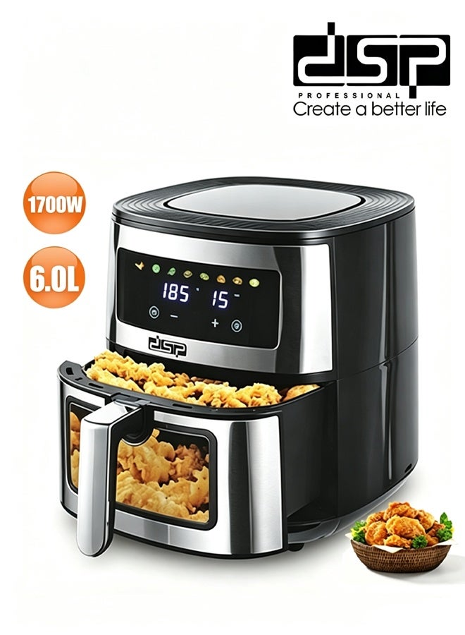 DSP 6.0L 1700W Touch Control Air Fryer, Visible Cooking Window, 8 Preset Menus, 80-200°C Adjustable Temp & 60 Mins Timer, Overheat Protection, Non-Stick Basket & Crisper Plate, Oil-Free Healthy Cooking, Stainless Steel, KB2175 - Image 1
