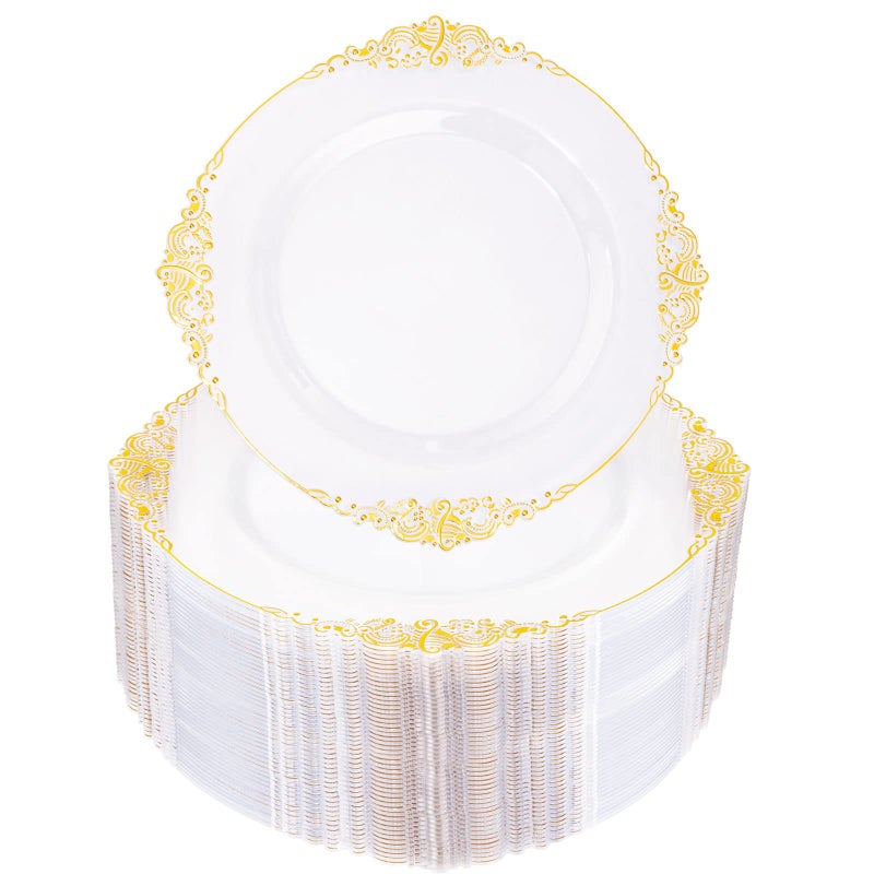 Morejoy 100 Pieces Gold Plastic Plates - Clear Gold Disposable Plates - 10.25inch Clear Plastic Dinner Plates With Gold Rim for Weddings & Parties & Shower - Image 1