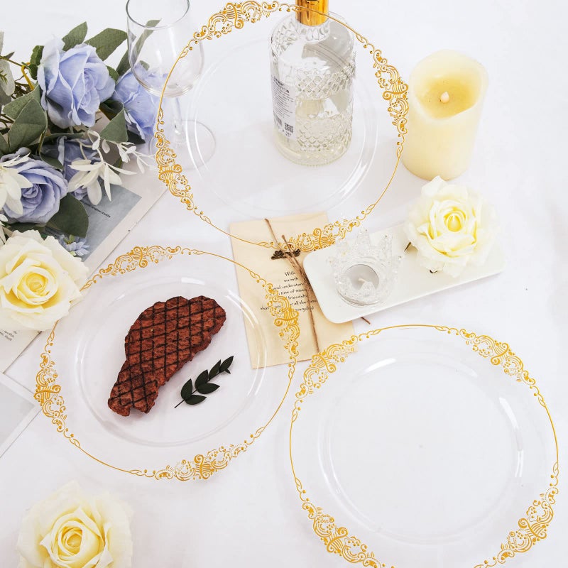 Morejoy 100 Pieces Gold Plastic Plates - Clear Gold Disposable Plates - 10.25inch Clear Plastic Dinner Plates With Gold Rim for Weddings & Parties & Shower - Image 4