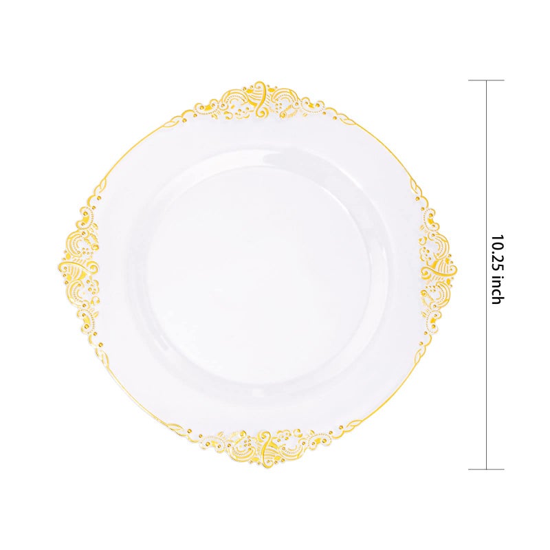 Morejoy 100 Pieces Gold Plastic Plates - Clear Gold Disposable Plates - 10.25inch Clear Plastic Dinner Plates With Gold Rim for Weddings & Parties & Shower - Image 3