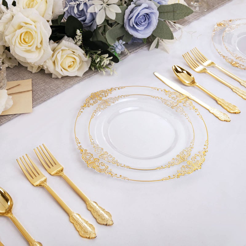 Morejoy 100 Pieces Gold Plastic Plates - Clear Gold Disposable Plates - 10.25inch Clear Plastic Dinner Plates With Gold Rim for Weddings & Parties & Shower - Image 5
