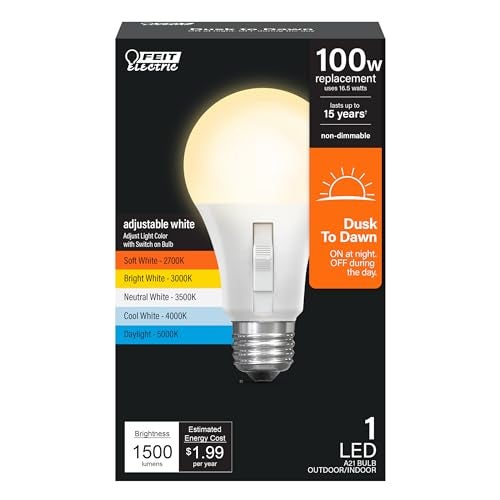 Feit Electric LED Dusk to Dawn Light Bulb, A21 100W Equivalent, 5CCT, Non-Dimmable, E26 Medium Base, 90 CRI, 1500 Lumens, Adjustable White, 15 Years Lifetime, OM100/5CCTCA/DD/LEDI - Image 1