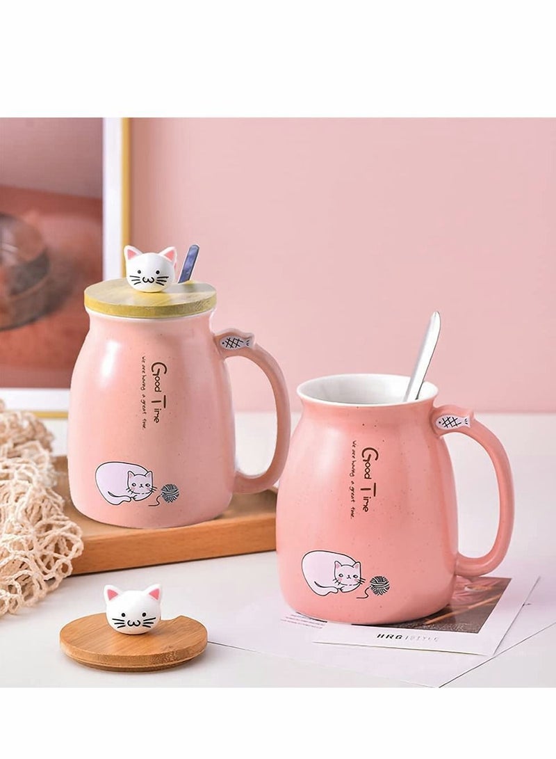 NIBEMINENT Mug,Cartoon Cat Mug Cute Ceramic Coffee Cup with Lovely 3D Kitty Wooden Lid Stainless and Steel Spoon, Novelty Morning Tea Milk Gift, Children Cup, Office Gifts (450 ML, Pink) - Image 4