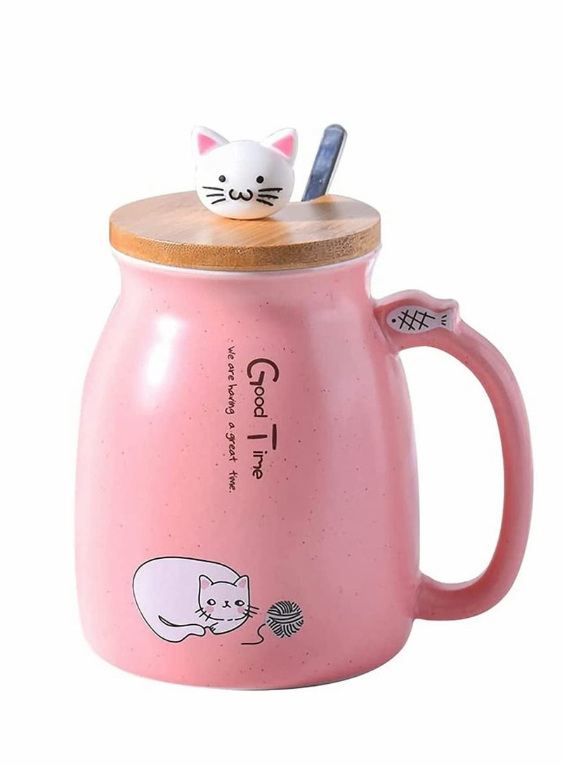 NIBEMINENT Mug,Cartoon Cat Mug Cute Ceramic Coffee Cup with Lovely 3D Kitty Wooden Lid Stainless and Steel Spoon, Novelty Morning Tea Milk Gift, Children Cup, Office Gifts (450 ML, Pink) - Image 1