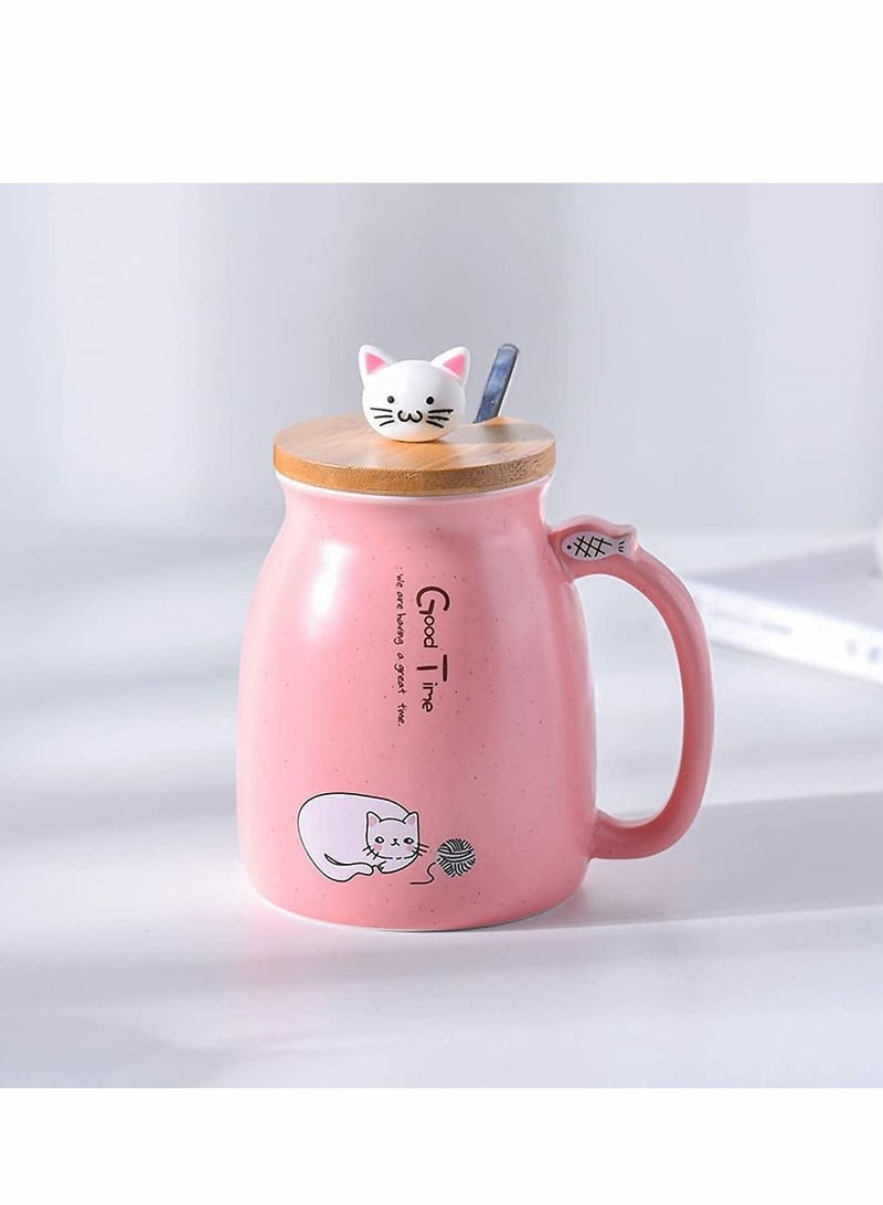 NIBEMINENT Mug,Cartoon Cat Mug Cute Ceramic Coffee Cup with Lovely 3D Kitty Wooden Lid Stainless and Steel Spoon, Novelty Morning Tea Milk Gift, Children Cup, Office Gifts (450 ML, Pink) - Image 3