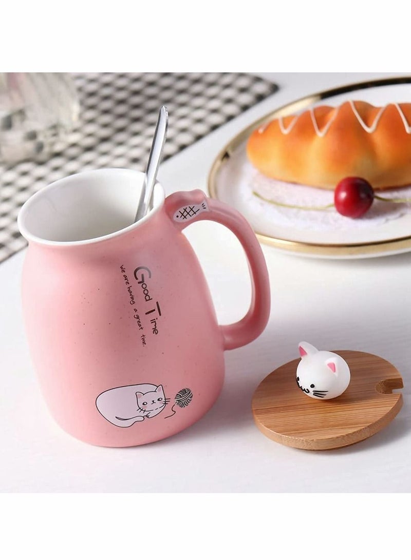 NIBEMINENT Mug,Cartoon Cat Mug Cute Ceramic Coffee Cup with Lovely 3D Kitty Wooden Lid Stainless and Steel Spoon, Novelty Morning Tea Milk Gift, Children Cup, Office Gifts (450 ML, Pink) - Image 5
