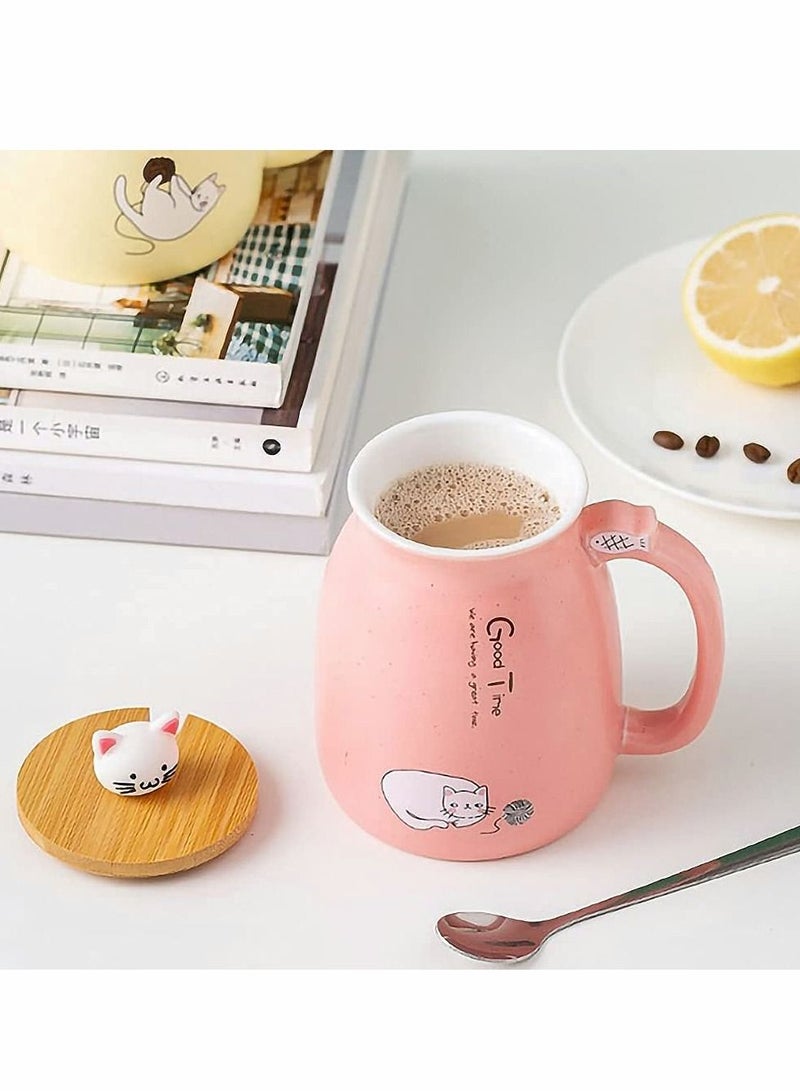 NIBEMINENT Mug,Cartoon Cat Mug Cute Ceramic Coffee Cup with Lovely 3D Kitty Wooden Lid Stainless and Steel Spoon, Novelty Morning Tea Milk Gift, Children Cup, Office Gifts (450 ML, Pink) - Image 2