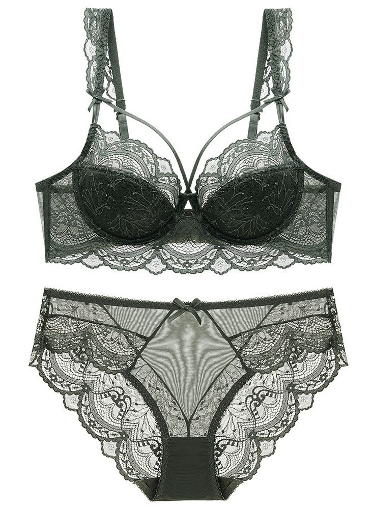 Comfy Solid Color Thin Cup Lace Bra And Panty Set Dark Green