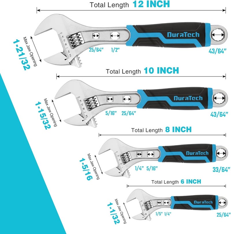 DURATECH 4-Piece Adjustable Wrench Set, 6-inch, 8-inch, 10-inch, 12-inch, 3-in-1 Spanner with Box End/Hex Function, CR-V Steel, Chrome-plated, Bi-material soft Grip, with Rolling Bag - Image 2