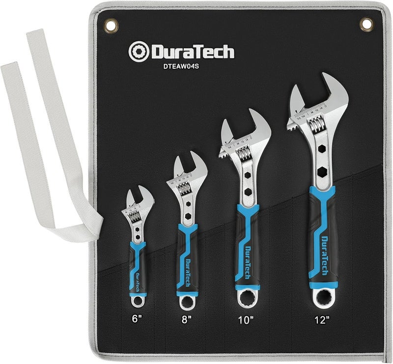 DURATECH 4-Piece Adjustable Wrench Set, 6-inch, 8-inch, 10-inch, 12-inch, 3-in-1 Spanner with Box End/Hex Function, CR-V Steel, Chrome-plated, Bi-material soft Grip, with Rolling Bag - Image 1