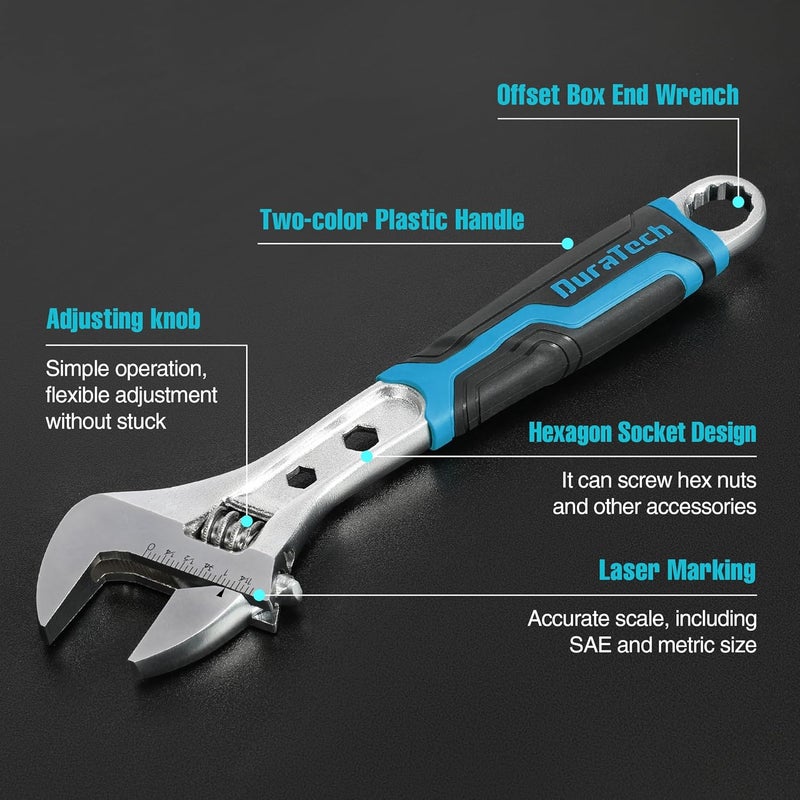 DURATECH 4-Piece Adjustable Wrench Set, 6-inch, 8-inch, 10-inch, 12-inch, 3-in-1 Spanner with Box End/Hex Function, CR-V Steel, Chrome-plated, Bi-material soft Grip, with Rolling Bag - Image 3