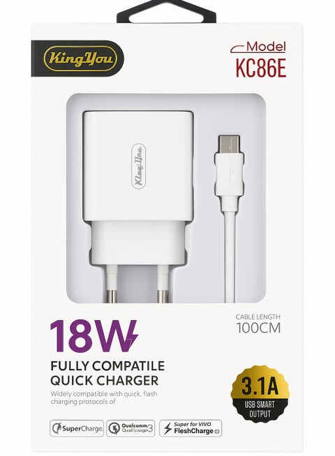 شاحن كينج يو KC86E سريع 18 واط + كابل مايكرو USB 100 سم