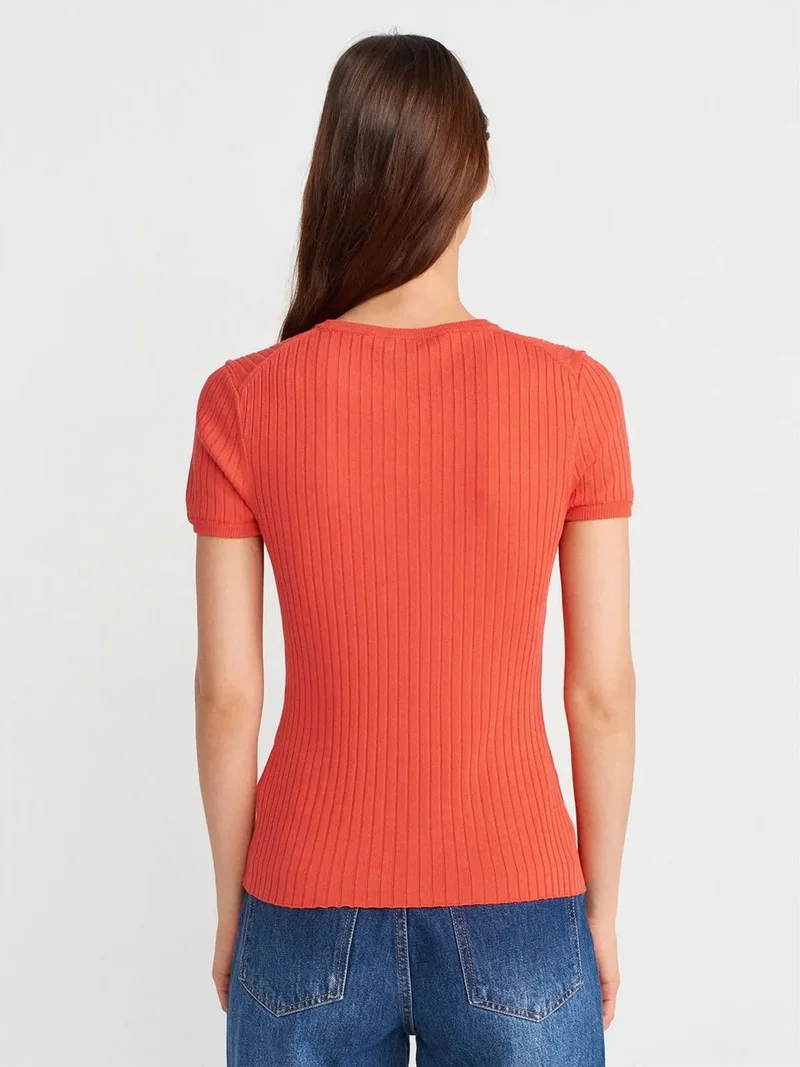 ديلفين DILVIN Ribbed Short-Sleeve Button Blouse