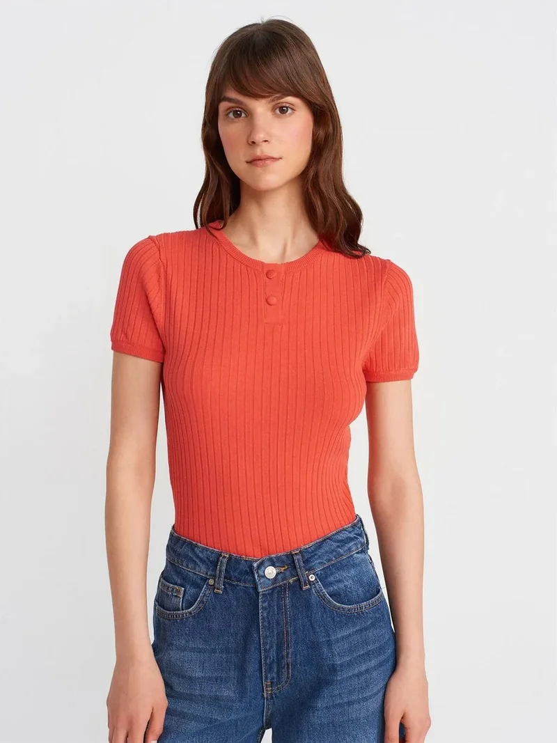 ديلفين DILVIN Ribbed Short-Sleeve Button Blouse