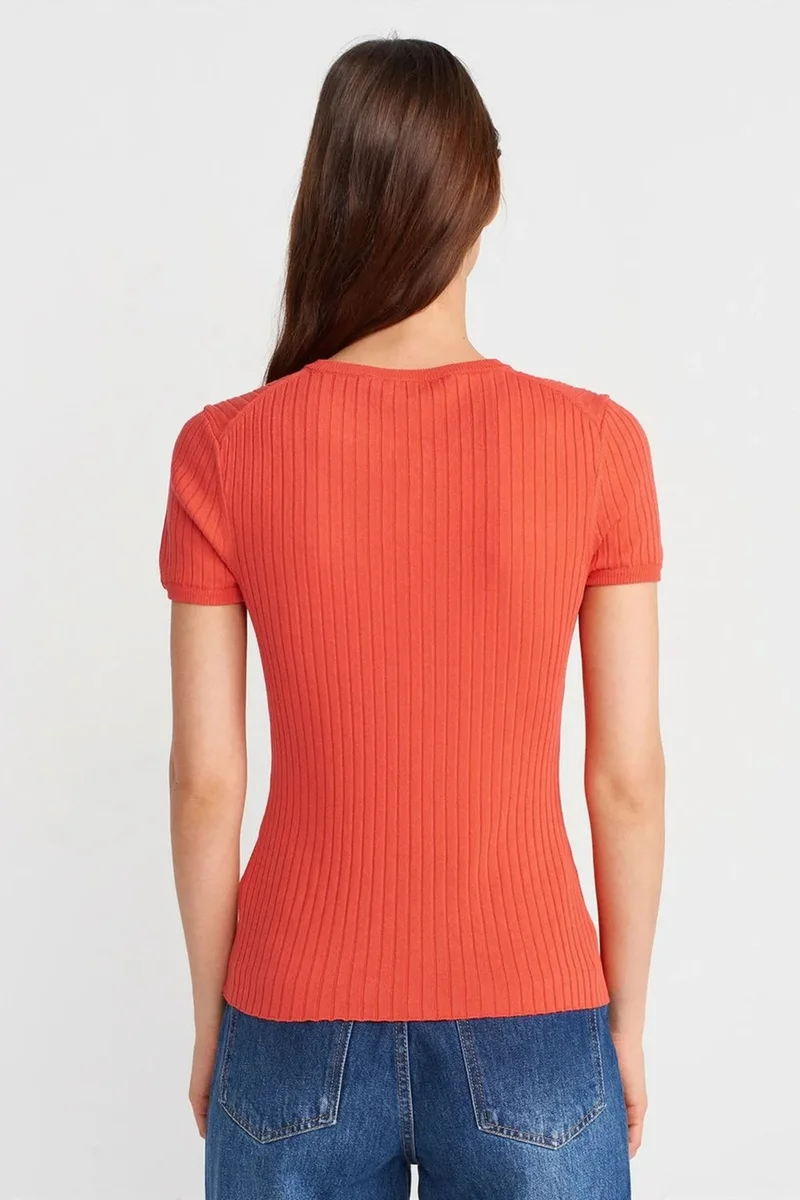 Dilvin Bright Orange DILVIN Ribbed Short-Sleeve Button Blouse for Women | Best Price UAE