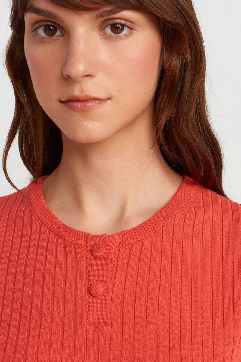 Dilvin Bright Orange DILVIN Ribbed Short-Sleeve Button Blouse for Women | Best Price UAE