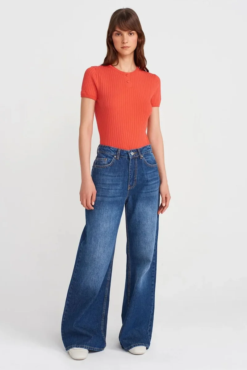 Dilvin Bright Orange DILVIN Ribbed Short-Sleeve Button Blouse for Women | Best Price UAE
