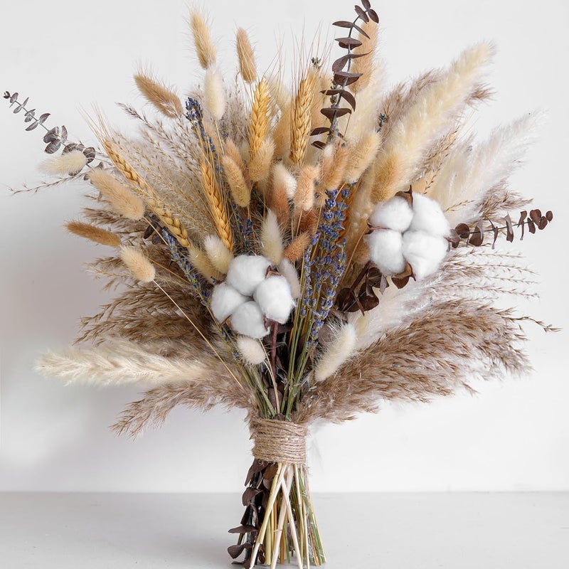 Kocat Natural Dried Flower Bouquet - Pampas Grass, Cotton Stems, Bunny Tails, Eucalyptus, Lavender & Wheat - Rustic Boho Decor for Home, Fall Decorations for Home, Wedding, or Gift - Image 1