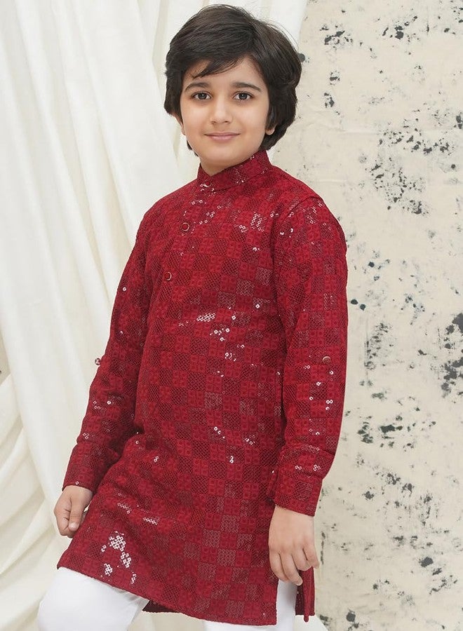 AJ Dezines قميص أطفال من AJ DEZINES بأكمام كاملة قطنية ماروني مزخرف بالخرز للأولاد - ملابس تقليدية | ملابس خاصة ومناسبة للحفلات | قميص تشيكنكاري للأولاد - مقاس عادي (KURTA-1270-MAROON-8) - Image 3