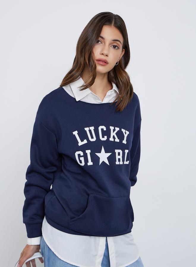 Take Two Navy Blue Oversized Slogan Print Sweatshirt - Image 1