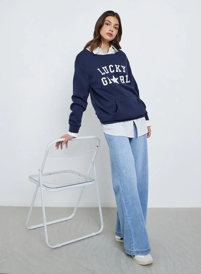 Take Two Take Two Navy Blue Oversized Slogan Print Sweatshirt