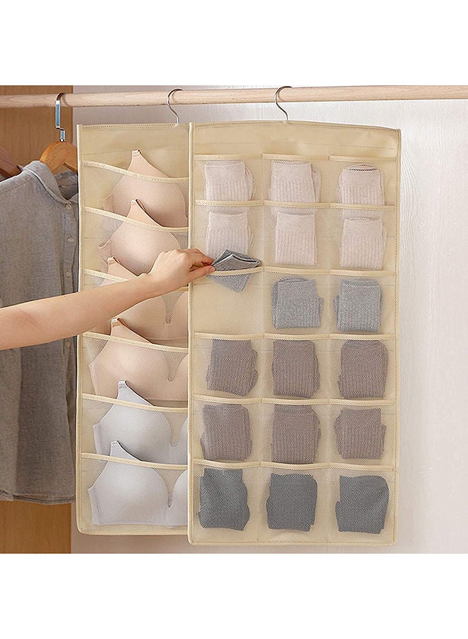 Dual Sided Wall Closet Hanging Storage Organizer With Mesh Pockets For Underwear Bra Socks With Metal Hook - Beige 