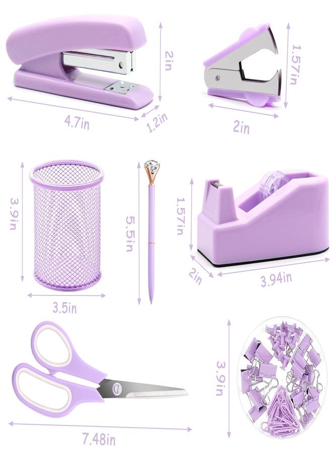 Famassi Purple Office Supplies, Purple Desk Accessories, Stapler, Staple Remover, Tape Holder, Pen Holder, Ballpoint Pen, Scissor, Binder Clips, Paper Clips and 1000pcs Staples. - Image 2