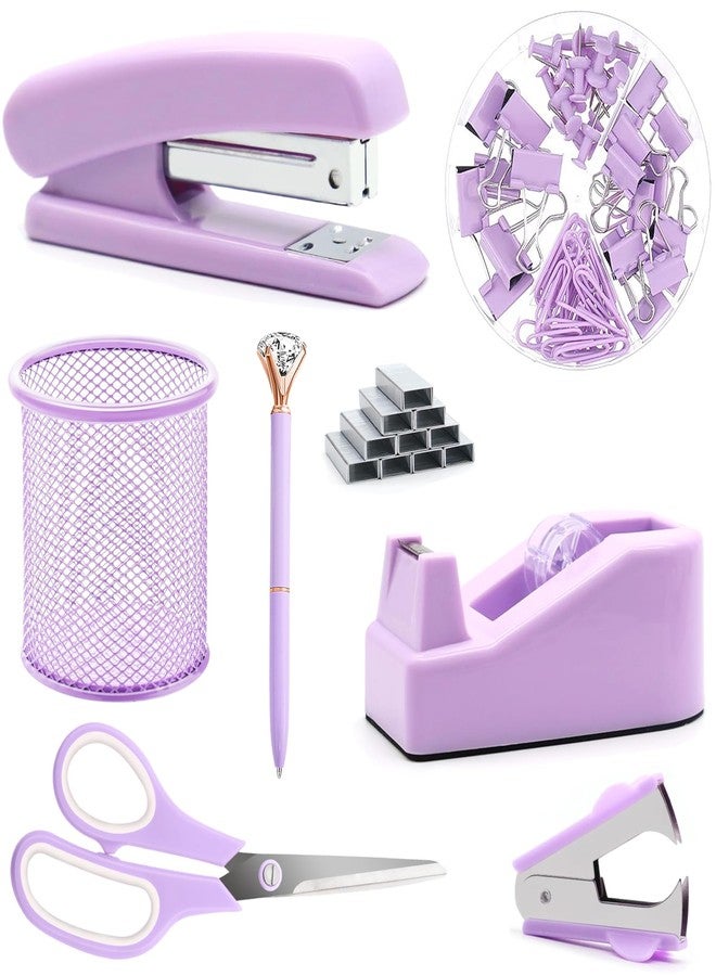 Famassi Purple Office Supplies, Purple Desk Accessories, Stapler, Staple Remover, Tape Holder, Pen Holder, Ballpoint Pen, Scissor, Binder Clips, Paper Clips and 1000pcs Staples. - Image 1