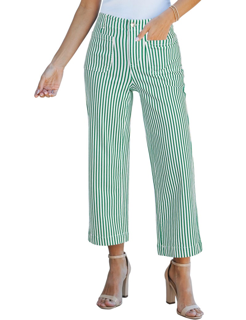 luvamia Pinstripe High Waisted Wide Leg Jeans for Women Trendy Stretchy Wide Leg Cropped Pants Denim High Waisted Green Striped Pants with Patch Pocket Green Large US Size 12-14 - Image 1